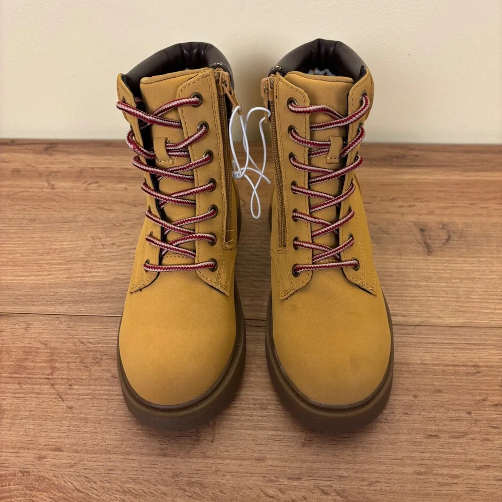 STEVE MADDEN JJumble Combat Boots Tan Kids Size 2 Side Zip Lace Up Low Heel